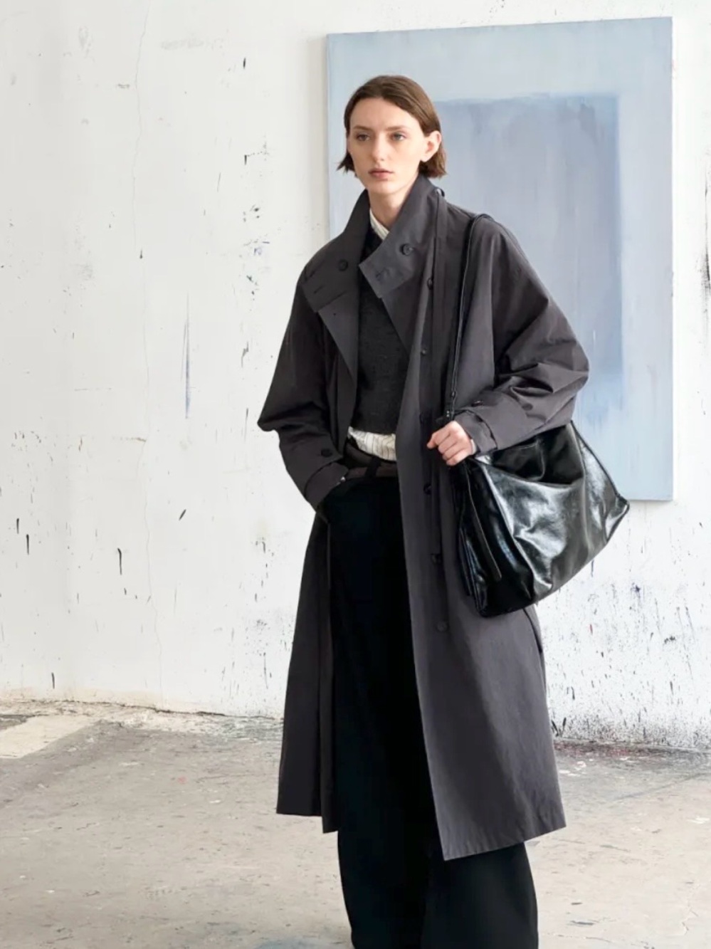 TAMY Designer Charcoal Gray Modern Trench Coat Oversized Lightweight Jacket xs